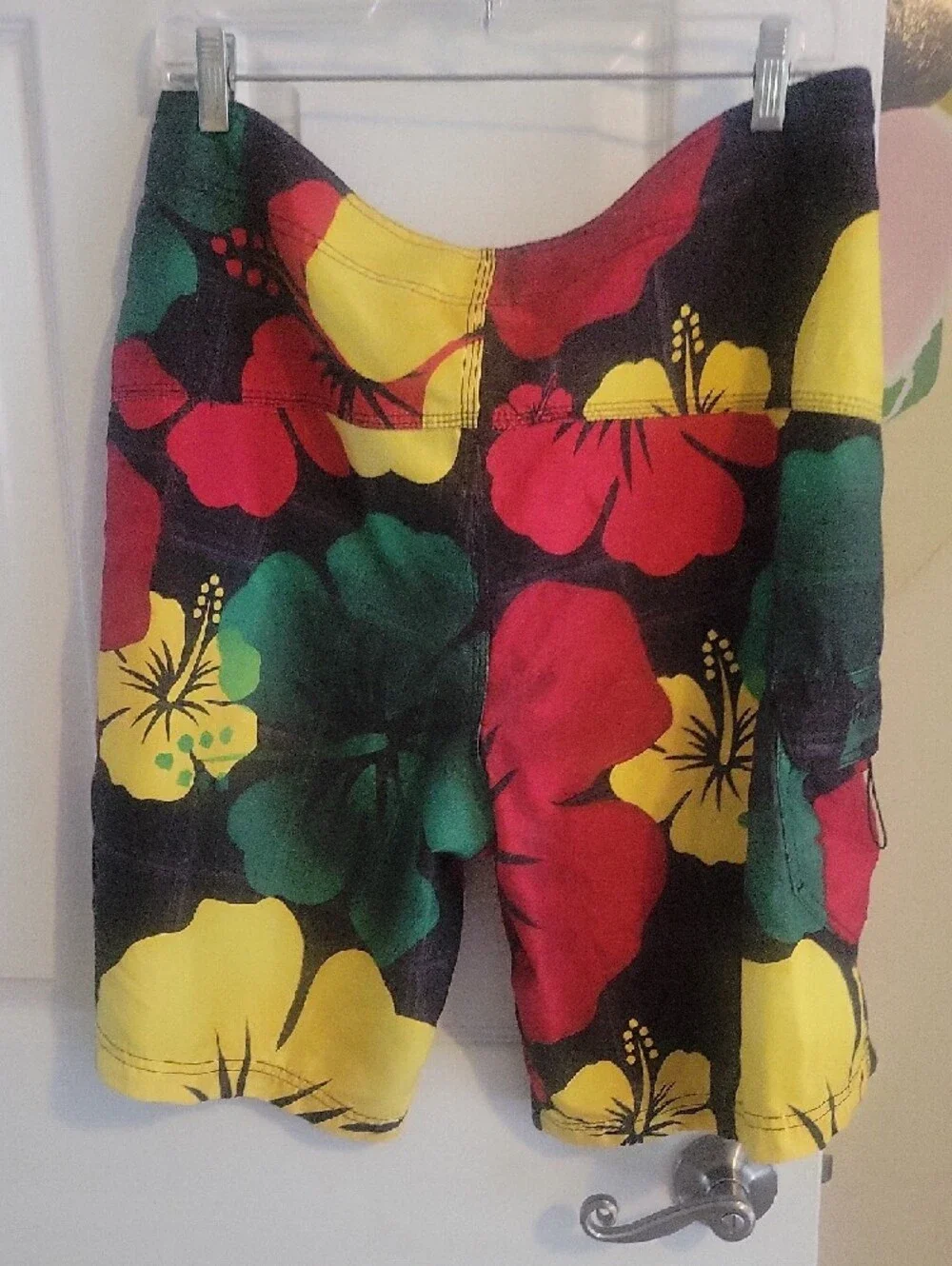Hurley Black Swim Board Shorts with Yellow & Red Floral drawstring at waist